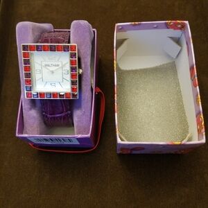 NIB Red by Waltham Wrist Watch Purple Faux Stones Alligator Band